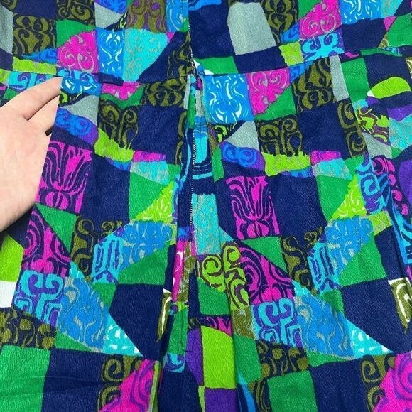 Vintage 70s Vibrant Hawaii Print Bark Cloth Maxi Dress M/L - Picture 4 of 7